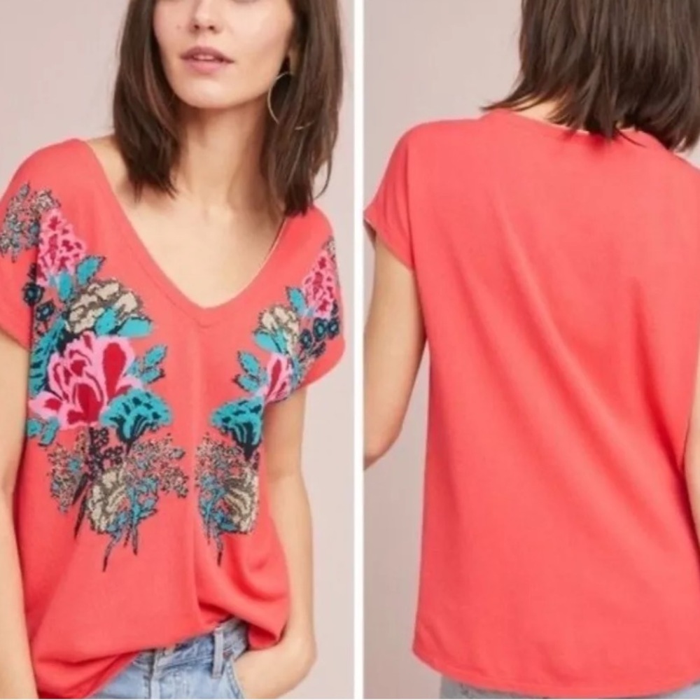 Nwt Anthropologie Aldo Martins coral v neck floral Relaxed fit knit Blouse nwt - Picture 10 of 10